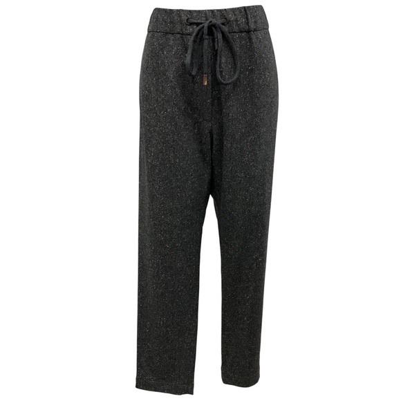 BRUNELLO CUCINELLI CHARCOAL WOOL TWEED LUXURY JOGGING TROUSERS WITH MONILI - Picture 1 of 5